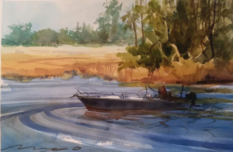 Mary O. Smith Heading Up the River Today 15x22 watercolor $600
