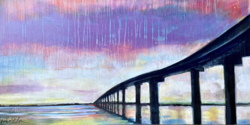 Jenny Odom Stormy Night Sky over Apalachicola Bay 24x48 acrylic-collage on canvas $1500.