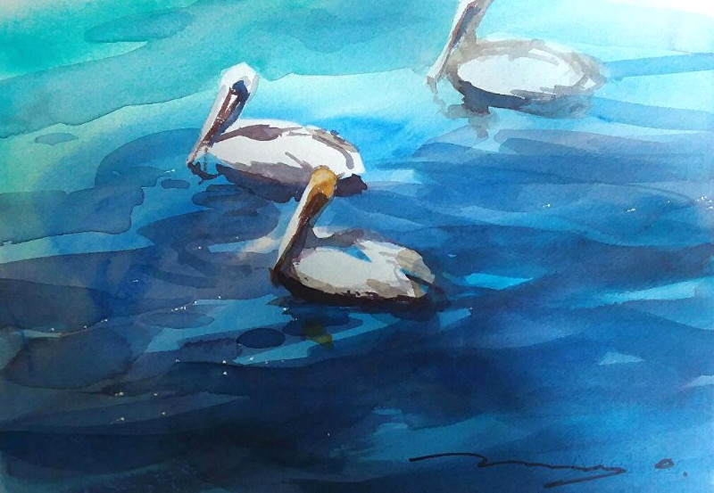 Mary O. Smith Three Pelicans 10x14 watercolor $350