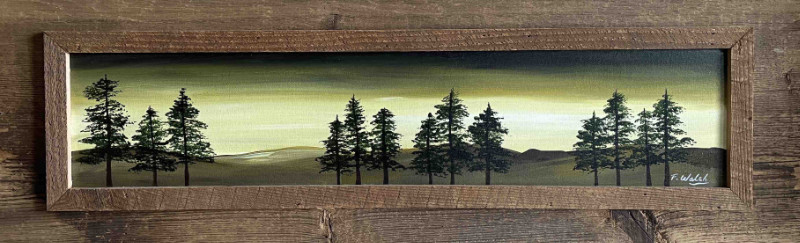 Fabiana Walsh Pines in Moonlight 9x30 acrylic on canvas on antique barnwood frame $425.