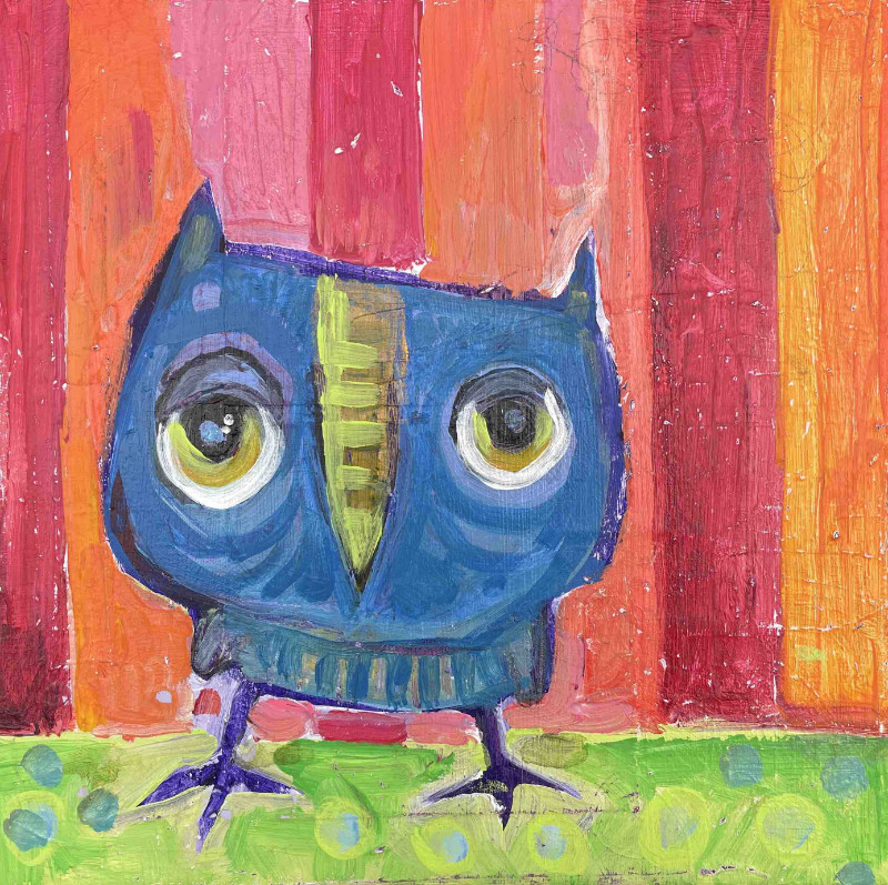 Jenny Odom Little Blue Bird on Stripes 10x10 acrylic-collage on canvas $175