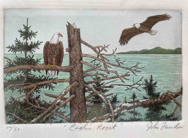 John Furches Eagle's Roost 11x13 burl wood framed etching-watercolor $250.