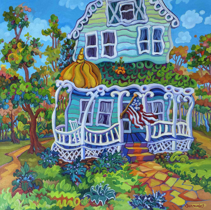 Judith Surowiec House in America 30x30 acrylic on canvas $1500.