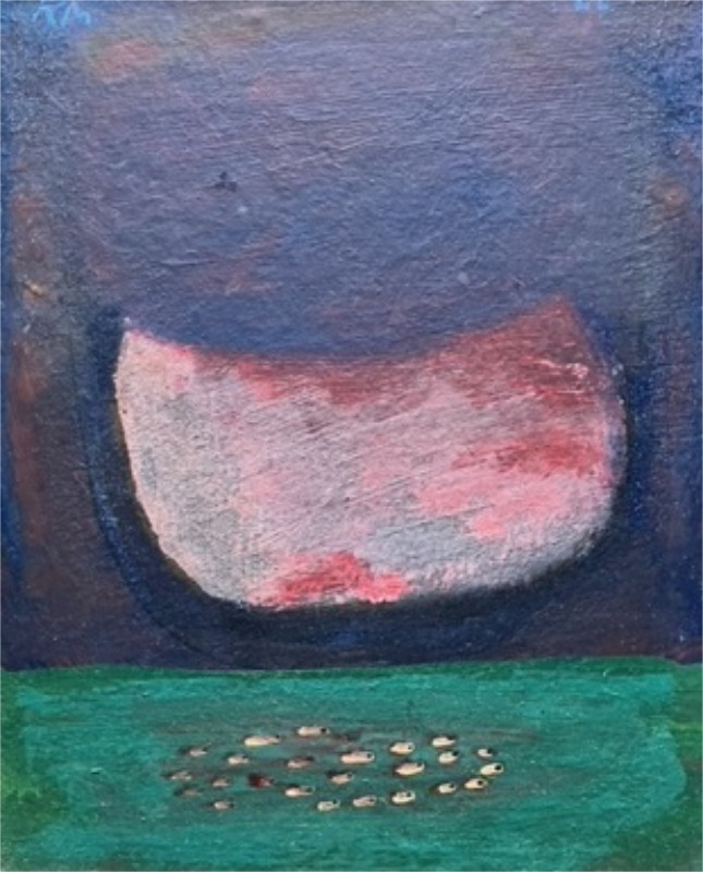 Ken Misner School of Fish Rising to Greet the Moon 11x8 oil on canvas laid to board.