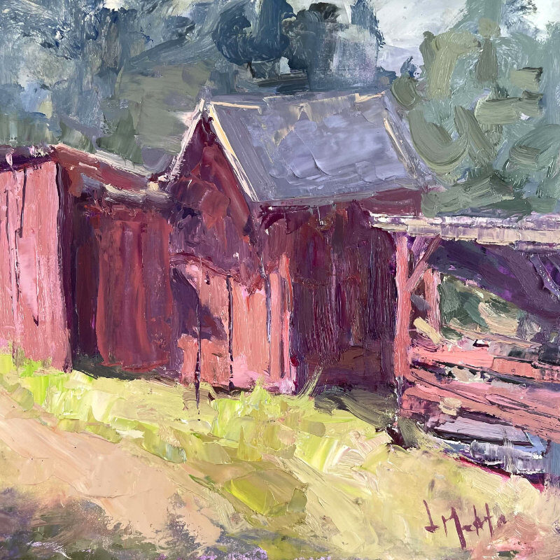 Lynn Mehta Farm Sheds 8x8 oil on board $550